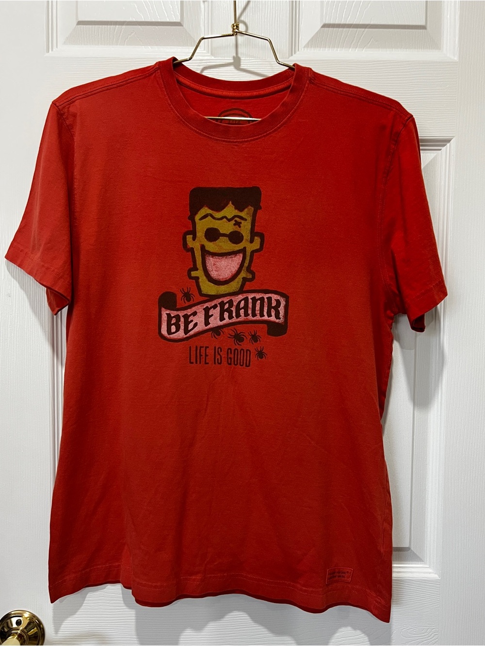 Life Is Good Cotton Graphic T-shirt Frankenstein Size Medium Orange Short Sleeve